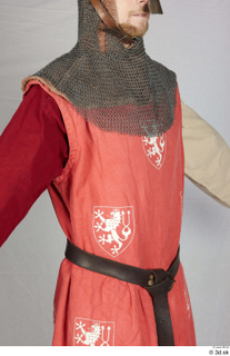  Photos Medieval Knight in cloth armor 6 leather belt mail hood medieval clothing red vest with czech emblem red white and gambeson upper body 0010.jpg